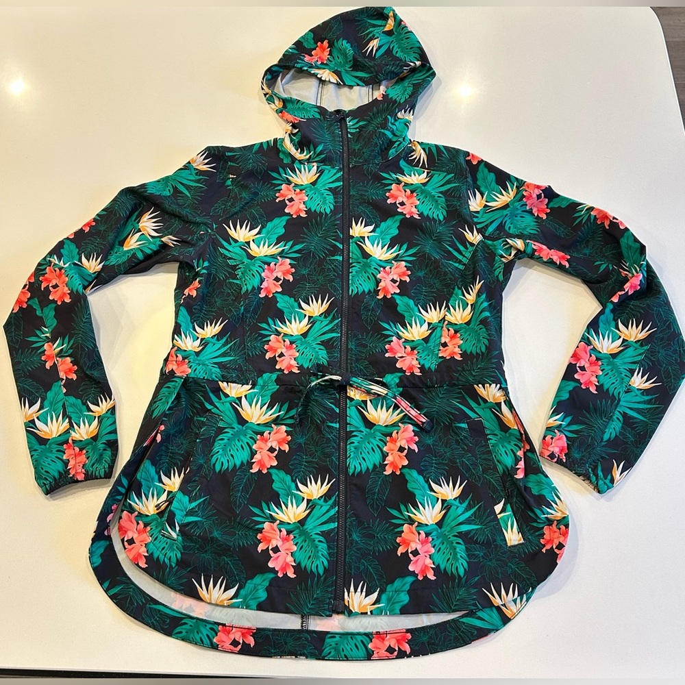 Duluth Trading women’s Pier Genuis Tropical Print Hooded Shirt Jacket Size XS